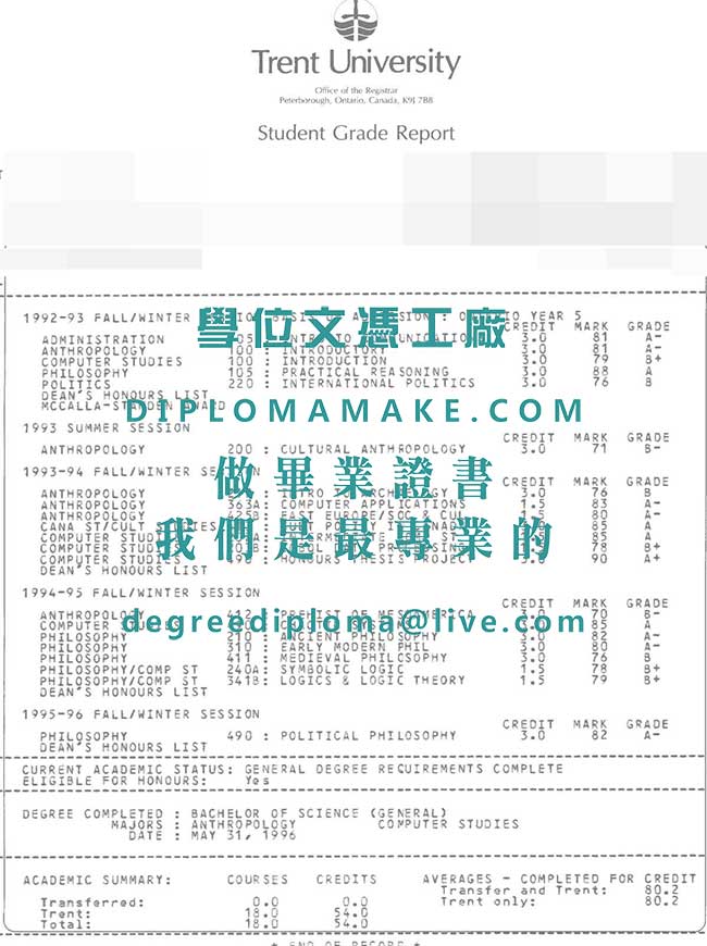 特倫特大學成績單樣本|川特大學畢業證書製作|仿製加拿大學歷文憑證書