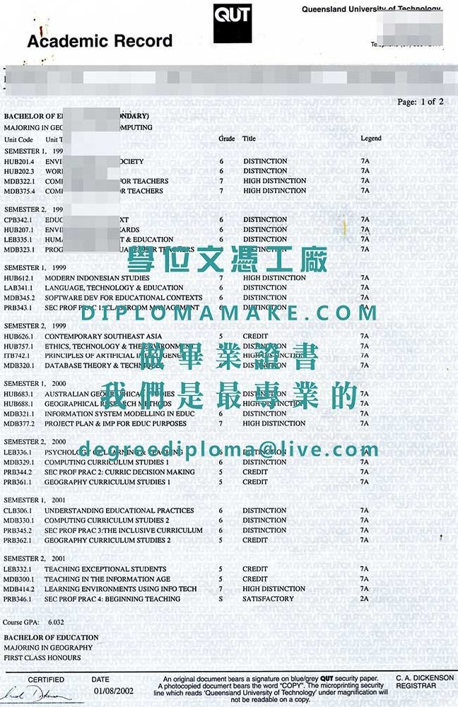 昆士蘭理工大學成績單樣本|代辦澳大利亞畢業證書|印製假文憑