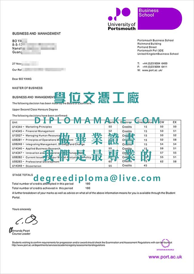 朴茨茅斯大學成績單樣本|辦理英國學歷文憑|製作朴茨茅斯大學畢業證書