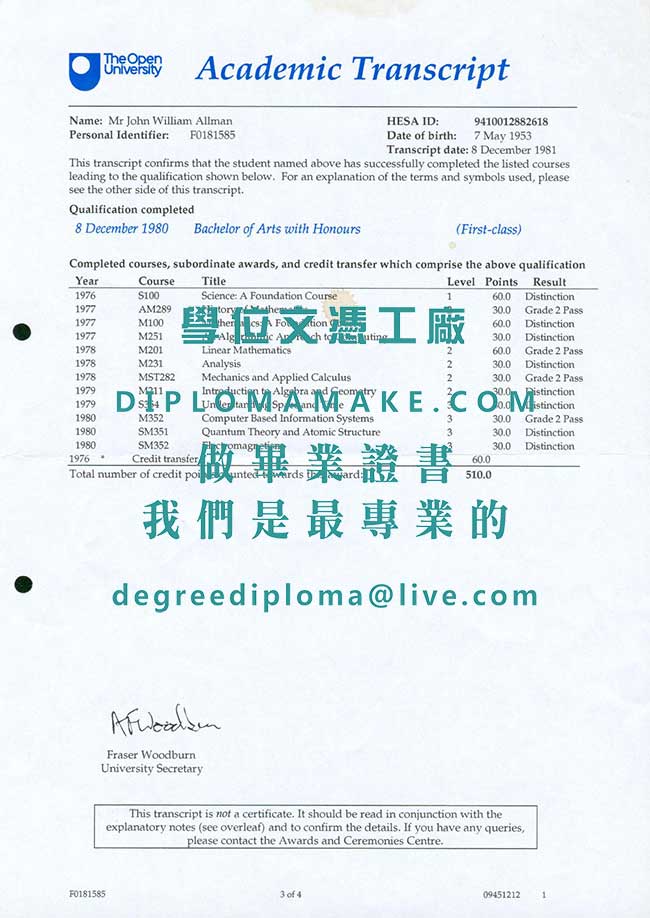 開放大學成績單模板|印製英國學歷文憑|代辦開放大學畢業證書