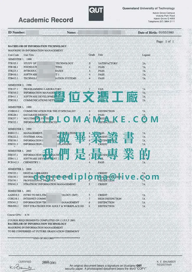 昆士蘭科技大學成績單范例|印製澳洲文憑|辦理昆士蘭科技大學畢業證書